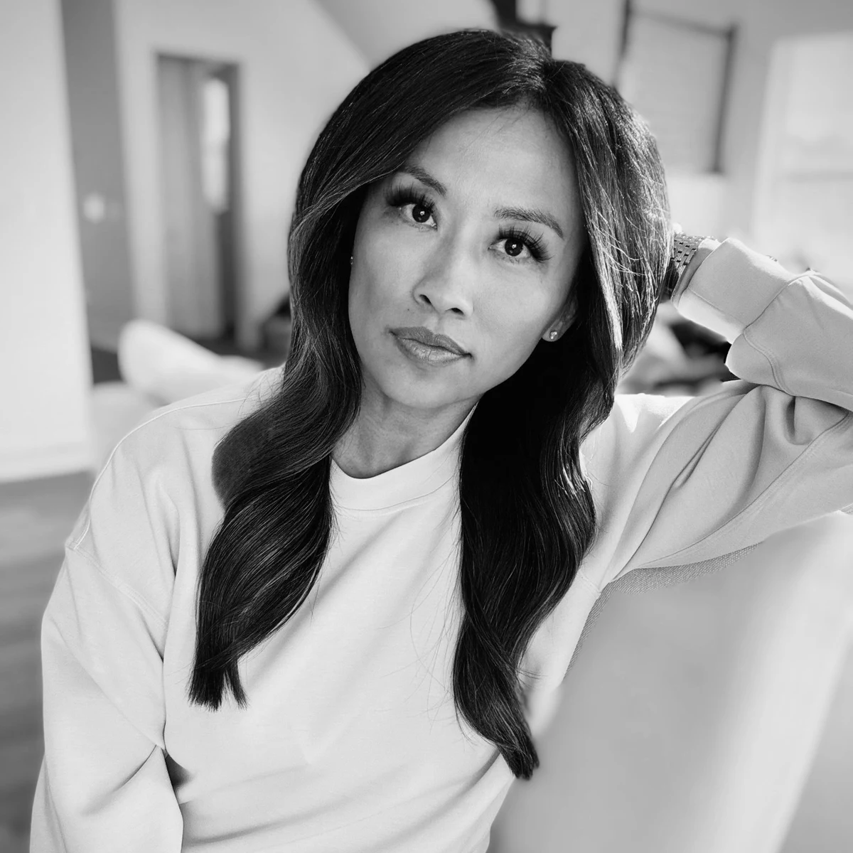 Suttida, black and white portrait, looking into the camera